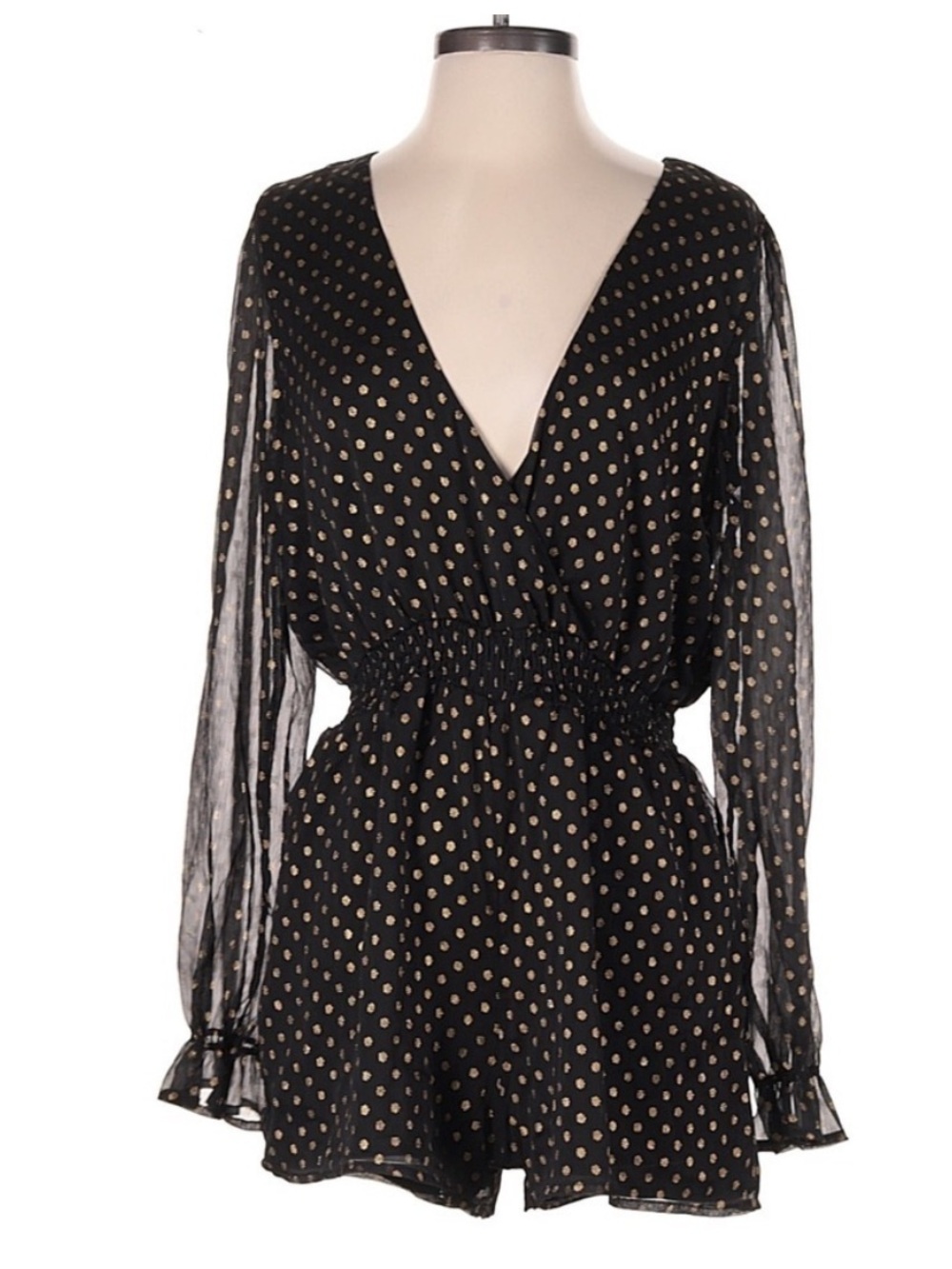 Lulus Evening Gold Dot Black Chiffon Romper Medium Sheer Sleeve V Neck Flowy NWT - Picture 2 of 6
